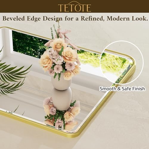 TETOTE Brushed Gold Bathroom Mirror 24 x 30 Beveled Edge Tempered Glass, Rounded Corner Rectangle Bathroom Mirror for Over Sink for Modern Bathroom, Living Room, Bedroom, Entryway