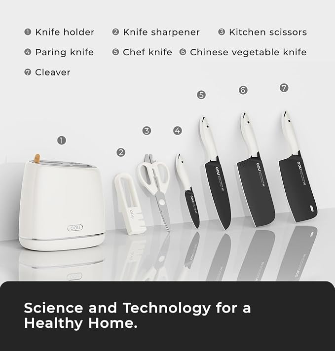 OOU Kitchen Knife Block Set - 15 Pieces High Carbon Stainless Steel Chef Knife Sets, Anti-Rust Black Knives Set with Sharpener，White