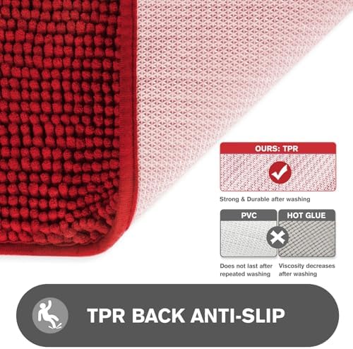 Bathroom Runner Rug 47 x 17 Inch – Long Bath Mat | Absorbent and Washable Thick Chenille Bath Rug Non-Slip Runner Rug for Bathroom, Shower, Sink(Red)