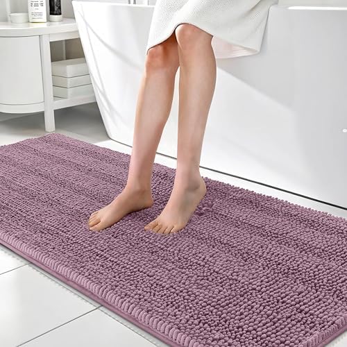 OLANLY Thick Bathroom Runner Rugs 70x24, Soft Chenille Bath Rugs, Deep Plum
