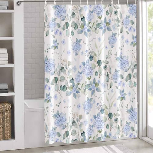 Shower Curtain Bathroom Set Summer Watercolor Blue Hydrangea Waterproof Fabric Shower Curtains with Grommets&Hooks Pastoral Eucalyptus Leaf Privacy Bath Curtain for Bathtub Decor 48x72IN