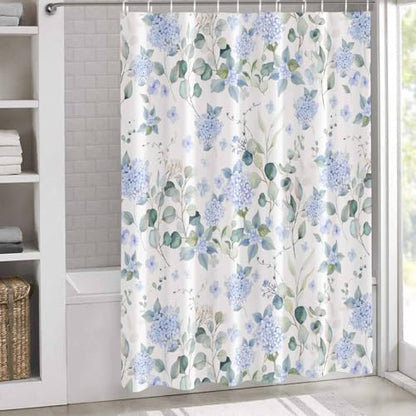 Shower Curtain Bathroom Set Summer Watercolor Blue Hydrangea Waterproof Fabric Shower Curtains with Grommets&Hooks Pastoral Eucalyptus Leaf Privacy Bath Curtain for Bathtub Decor 72x72IN