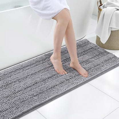 Grandaily Chenille Striped Bathroom Rugs 47x20, Extra Thick and Soft Absorbent Bath Mats, Rubber Backing, Plush Shaggy Shower Carpet, Machine Wash Dry, Bath Rug for Bathroom, Grey