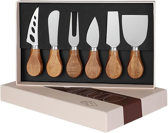6-Piece Stainless Steel Cheese Knife Set with Slicer, Cutter, Fork and Spreader, Ideal for Charcuterie Boards and Elegant Cutlery Gift Collection (Acacia-Box)