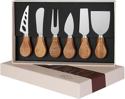 6-Piece Stainless Steel Cheese Knife Set with Slicer, Cutter, Fork and Spreader, Ideal for Charcuterie Boards and Elegant Cutlery Gift Collection (Acacia-Box)