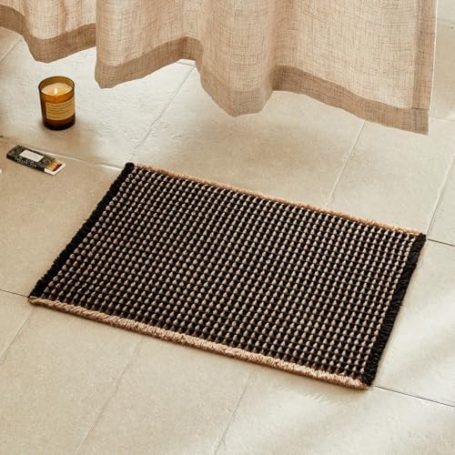 TYUU Waffle Bath Mat, Small Boho Bathroom Rugs Non Slip 24x16 Khaki & Black