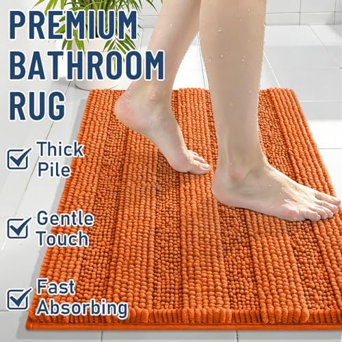 Grandaily Chenille Striped Bathroom Rugs 44x24, Extra Thick and Soft Absorbent Bath Mats, Rubber Backing, Plush Shaggy Shower Carpet, Machine Wash Dry, Bath Rug for Bathroom, Clay