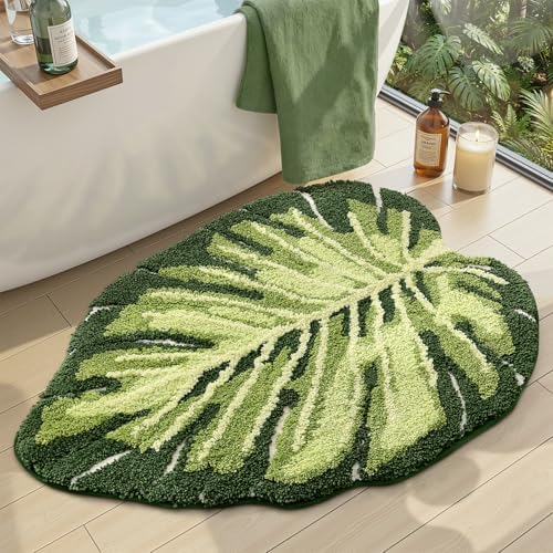DEXI Cute Bath Mat, Green Leaf Monstera Bathroom Rugs 47x31.5