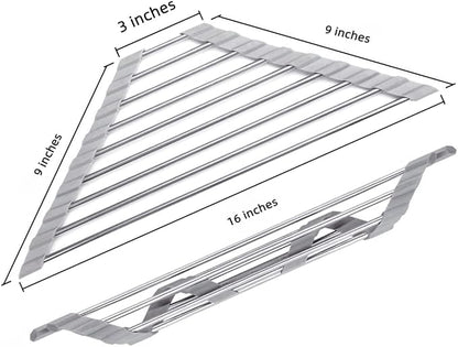 Triangle Dish Drying Rack Multipurpose Roll-up Drying Rack for Sink Corner Stainless Steel Over The Sink Corner Dish Drainer Mat for Kitchen (Black)