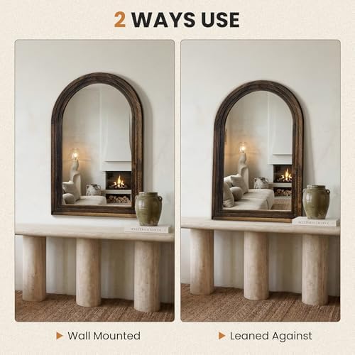 Arched Bathroom Mirror, 36"x24" Brown Wood Frame Wall Mirror