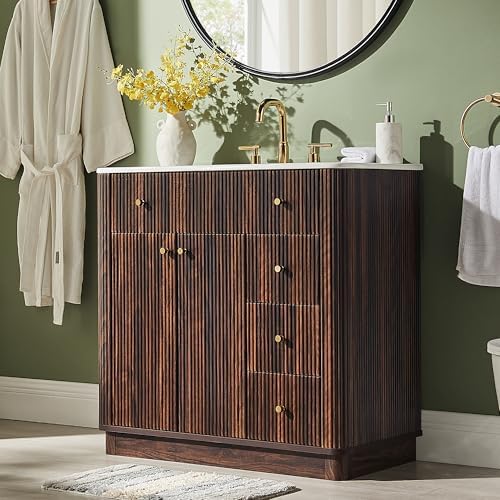 T4TREAM 36" Fluted Bathroom Vanity with Single Sink, Dark Walnut