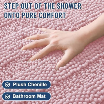 Grandaily Chenille Striped Bathroom Rugs 44x24, Extra Thick and Soft Absorbent Bath Mats, Rubber Backing, Plush Shaggy Shower Carpet, Machine Wash Dry, Bath Rug for Bathroom, Dusty Rose