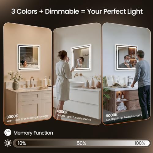 24"x24" LED Bathroom Mirror with Anti-Fog, Backlit & Front Lights, Memory