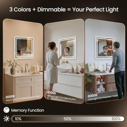 24"x24" LED Bathroom Mirror with Anti-Fog, Backlit & Front Lights, Memory