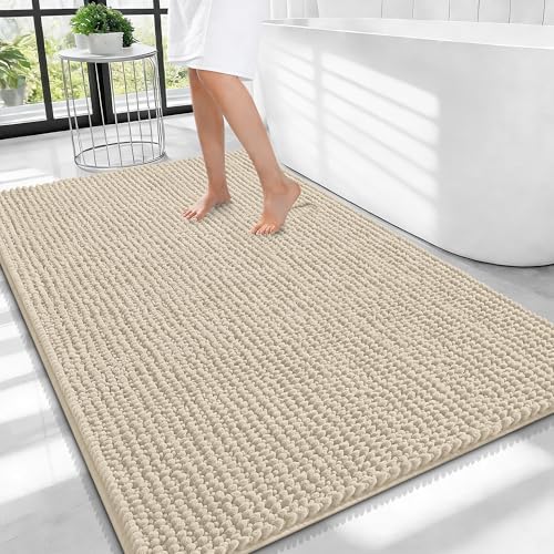 OLANLY Thick Chenille Large Bathroom Rugs 40x32, Absorbent Bath Mat, Sand