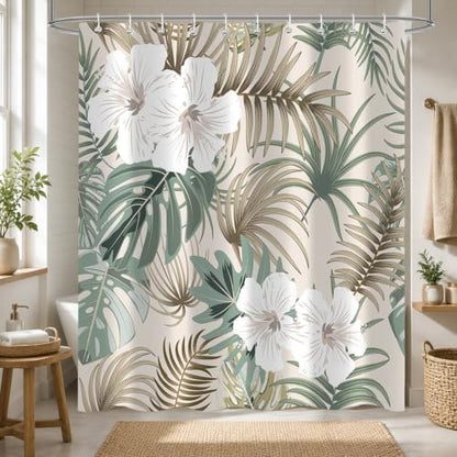 Tropical Shower Curtain for Bathroom, Green Palm Tree Flower Plant Boho Leaf Banana Monstera Sage Beige Shower Curtains Set, Fabric Bathroom Accessories with Hooks 72x78 Inch