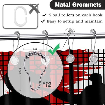Japanese Shower Curtain Japan Anime Asian Black and Red Shower Curtains for Mens Bathroom Decor Sets, Waterproof Cloth Fabric with Hooks, 72x84 Inch
