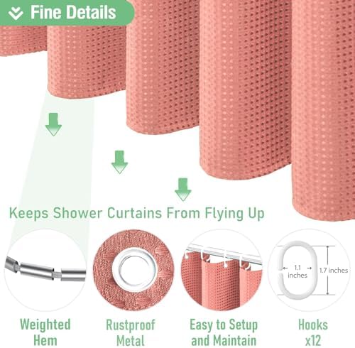 Dynamene Waffle Shower Curtain 256 GSM Heavy Duty Fabric 72"x72" Coral