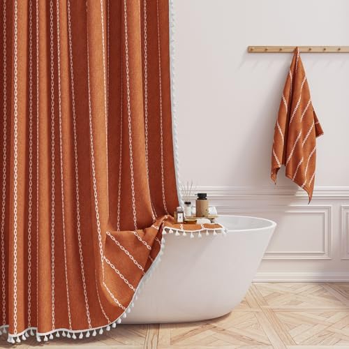 BTTN 60x72 Boho Farmhouse Linen Heavy Duty Shower Curtain Set, Burnt Orange