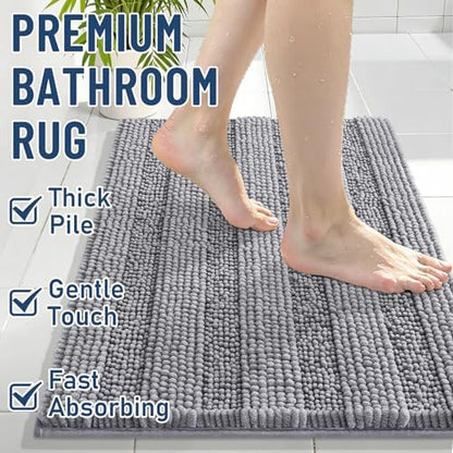 Grandaily Chenille Striped Bathroom Rugs 45x27, Extra Thick and Soft Absorbent Bath Mats, Rubber Backing, Plush Shaggy Shower Carpet, Machine Wash Dry, Bath Rug for Bathroom, Grey