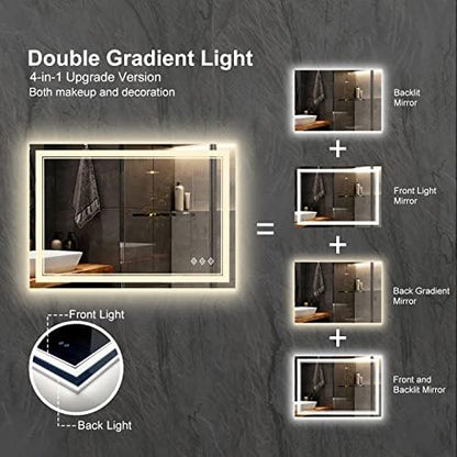 Lighted Bathroom Mirror, 40x30 Inch Gradient Front and Backlit LED Bathroom Mirror, 3 Colors Dimmable CRI>90 Double Lights, Enhanced Anti-Fog, Hanging Plates Wall Mount LED Mirror