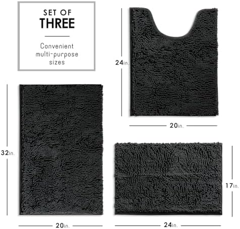Hearth & Harbor Bathroom Rugs, Chenille Bath Mat - Machine Washable Bath Mats for Bathroom Non-Slip Backing Rubber, Quick Dry Mat - Black Bath Rug, 17x24-20x32-20x24