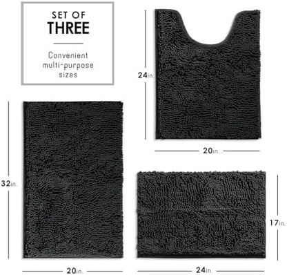 Hearth & Harbor Bathroom Rugs, Chenille Bath Mat - Machine Washable Bath Mats for Bathroom Non-Slip Backing Rubber, Quick Dry Mat - Black Bath Rug, 17x24-20x32-20x24