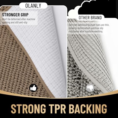 OLANLY Thick Chenille Bathroom Runner Rugs 44x24, Absorbent Bath Mat, Tan