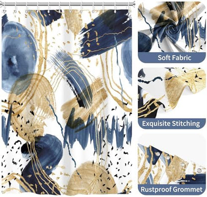deFouliao Boho Shower Curtain, Mid Century Abstract Blue Gold Waterproof Shower Curtain for Bathroom Bathtub Home Curtain Decor, Washable with Hooks, 36Wx72L