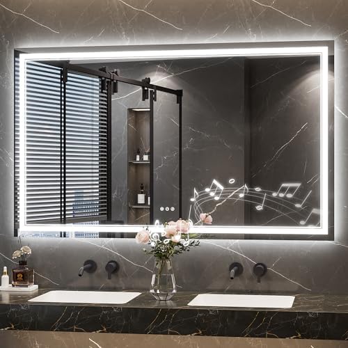 Keonjinn 60 x 36 Inch Lighted Mirrors for Bathroom Wall, Bluetooth Speaker