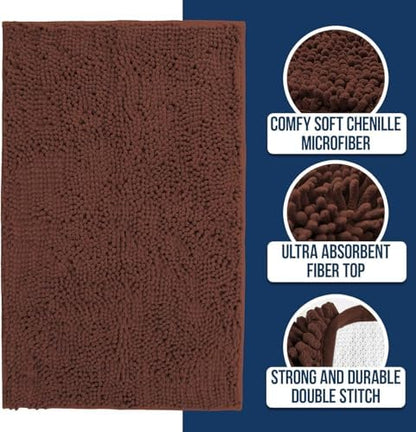Muddy Mat® | Chenille Bathroom Rugs Quick Dry Microfiber Mats Non Slip Washable, Extra Thick, Soft and Highly Absorbent Bath Mats for Bathroom, Kitchen, and Shower Floor - Brown 24"x36"