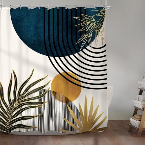 KOMLLEX Mid Century Blue Boho Abstract Modern Bathroom Shower Curtain Set