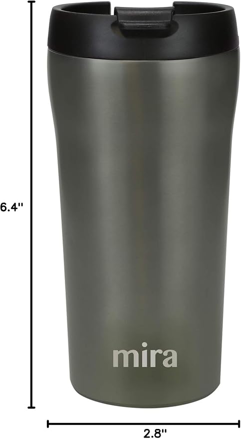 MIRA 12 oz Coffee Travel Mug - Stainless Steel Insulated Tumbler with Leak-Proof Lid - Hot & Cold Cup - Gray Satin
