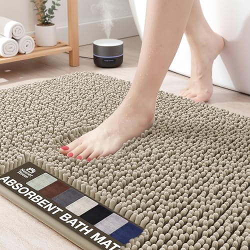 Neater Home Plush Bathroom Rugs 24x17 Thick Chenille Quick Dry Microfiber Absorbent Bath Mat, Soft Bath Rugs, Machine Washable Bathroom Floor Mat for Tub Shower Sink, Home Decor Accessories, Beige