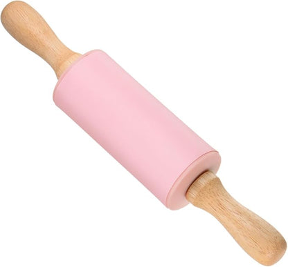 Silicone Rolling Pins, 9.25" Length, Silicone & Oak Non-Stick Ergonomic Wooden Handle Fondant Dough Roller Pink - (Applications: for Baking DIY Projects)