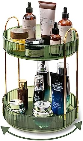 Asayuee 360 Rotating Makeup Organizer for Vanity,2 Tier Large Capacity Skincare Organizers,Bathroom Counter Organizer, Spinning Perfume Organizer & Vanity Organizer (Green-2 Tier)
