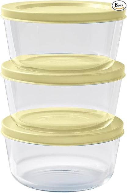 6-Piece Glass Food Storage Containers Set (3 Containers + 3 BPA-Free Lids) | 2-Cup, Leakproof | Microwave, Freezer, Oven & Dishwasher Safe | Ideal for Meal Prep & Pantry Organization, Yellow