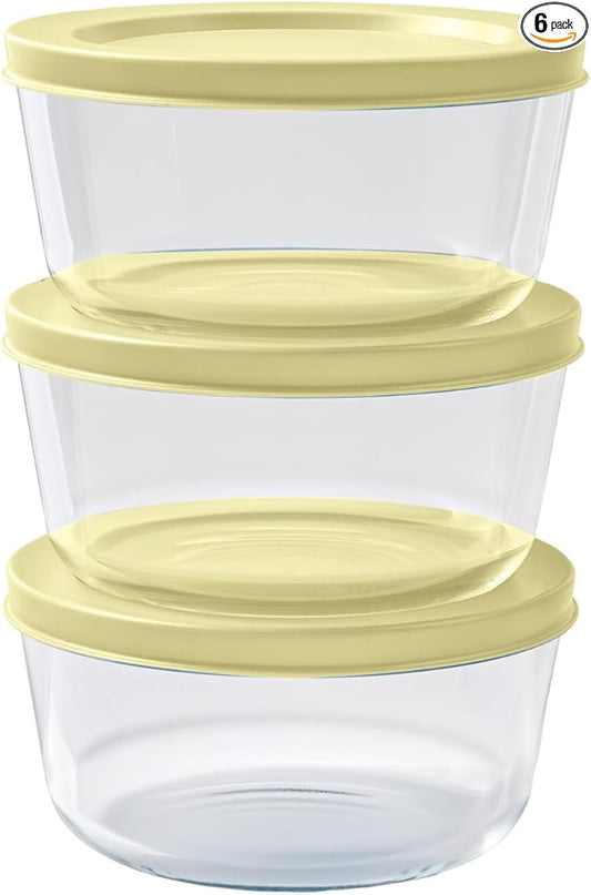 6-Piece Glass Food Storage Containers Set (3 Containers + 3 BPA-Free Lids) | 2-Cup, Leakproof | Microwave, Freezer, Oven & Dishwasher Safe | Ideal for Meal Prep & Pantry Organization, Yellow