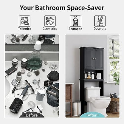 Shintenchi Over the Toilet Storage Cabinet, Bathroom Shelf Organizer with Anti-Tip Device Small Freestanding Space Saver with Adjustable Shelf，Black