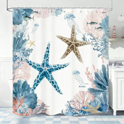 Coral Beach Shower Curtain for Bathroom, Ocean Coastal Theme, 72x72 In