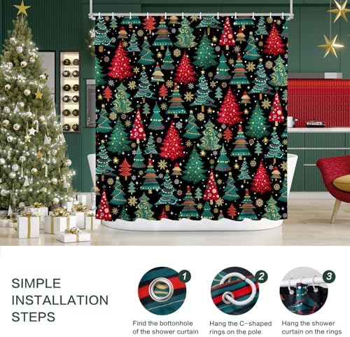 Shower Curtain Christmas, Holiday Shower Curtain Red Green Christmas Tree Snowflake ShowerCurtain Sets Waterproof Polyester Fabric Machine Washable Home Farmhouse Decor Bathroom Curtains
