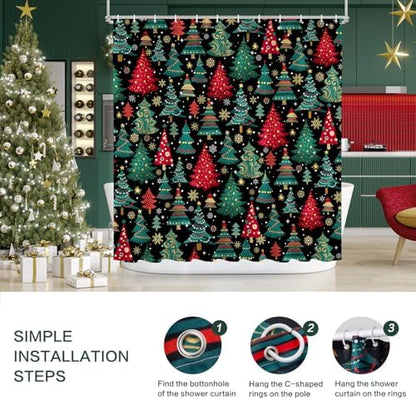 Shower Curtain Christmas, Holiday Shower Curtain Red Green Christmas Tree Snowflake ShowerCurtain Sets Waterproof Polyester Fabric Machine Washable Home Farmhouse Decor Bathroom Curtains