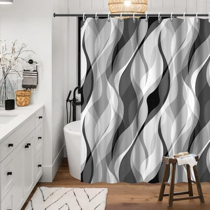 Grey Striped Shower Curtain with Hooks for Bathroom 72x96 Inch
