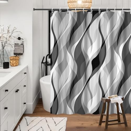 Grey Striped Shower Curtain with Hooks for Bathroom 72x84 Inch