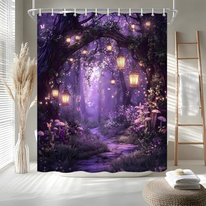 Fantasy Forest Path Shower Curtain Purple Fairy Magical Enchanted Misty Jungle Mushroom Floral Tree Butterfly Lantern Wonderland Bath Curtain Fabric Bathroom Accessories Decor with Hooks 70W x75L