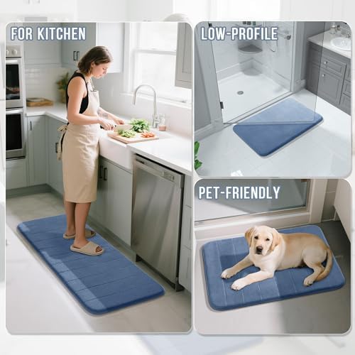 Yimobra Memory Foam Bathroom Rugs Sets 2 Piece - Super Soft Absorbent Quick Dry Bath Mat Set, Machine Washable Non Slip Floor Carpet for Tub Shower & Single Sink (17x24 & 31.5x20 Inch, Denim Blue)