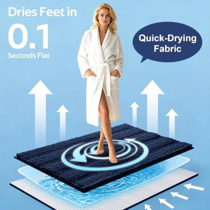 ACCUMTEK Striped Navy Blue Bathroom Rug Set 3 Pieces Ultra Soft, Non Slip Chenille Toilet Mat, Absorbent Plush Shaggy Bath Mats for Bathroom, Bedroom, Kitchen