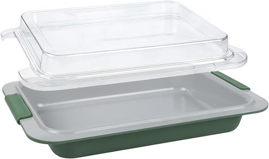 9x13 Baking Pan with Lid, Deep 13x9 Covered Cake Pan, Nonstick with Silicone Handles, Warp-Resistant Green Baking Pan for Storage, Transport, Potlucks & Meal Prep