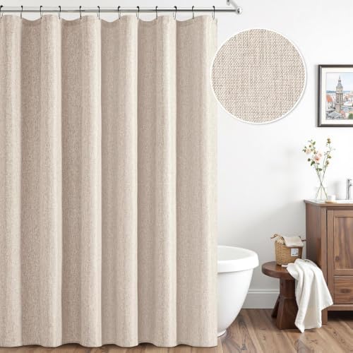 ANRODUO Beige Extra Long Linen Fabric Shower Curtain Set - W72xL108