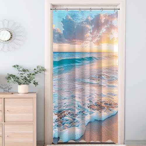 Ocean Beach Coastal Nautical Summer Sunset Small Stall RV Half Size Shower Curtain for Bathroom 39W*72H Inch Seaside Seacoast Beachy Waves Bathtub Decor Seascape Neutral Waterproof Polyester Fabric